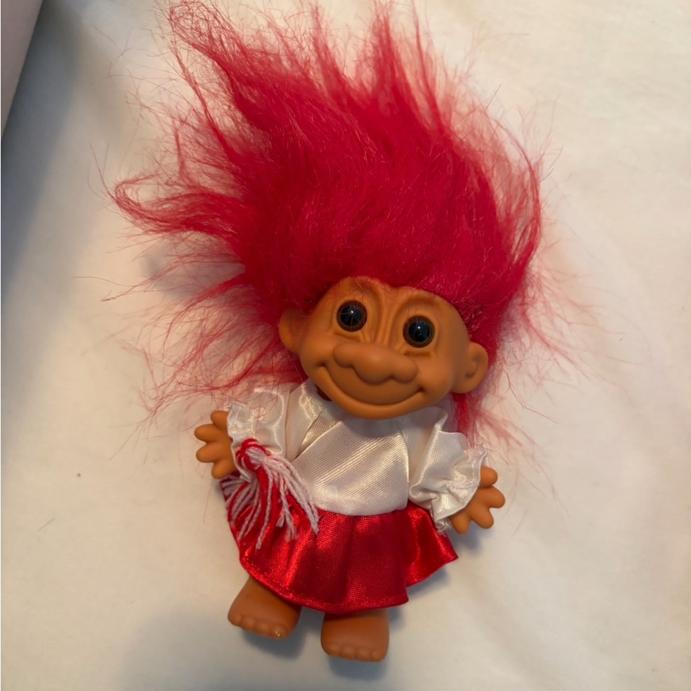 Vintage 1990s Troll Doll Red Hair White Top Red Skirt 3” Collectible
